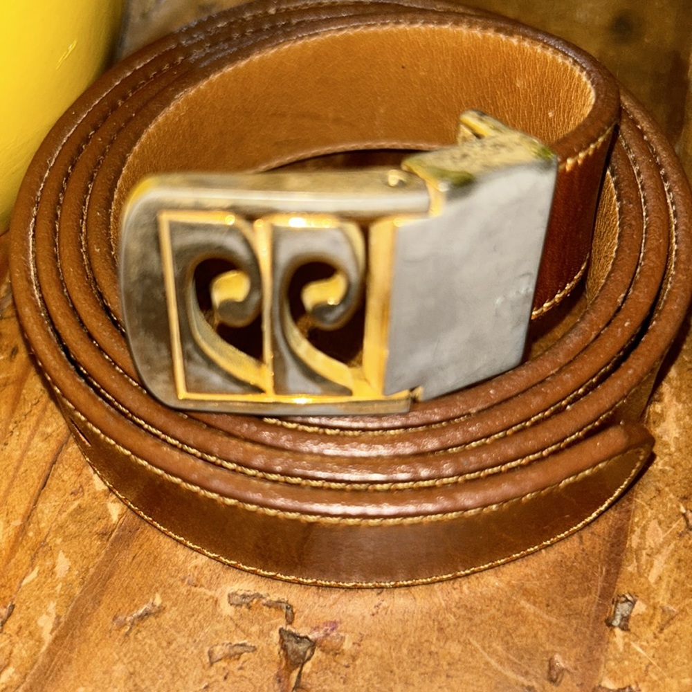 RARE PIERRE CARDIN Contemporary modern belt buckle with thin brown leather strap